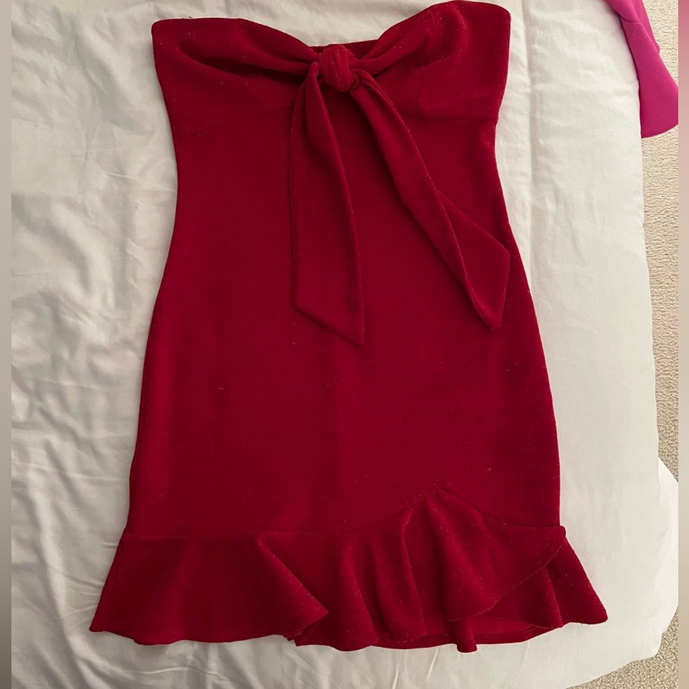 Blue Blush Medium red slightly sparkly  strapless dress.